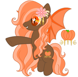 Size: 1129x1120 | Tagged: safe, artist:madlilon2051, derpibooru import, oc, oc only, bat pony, pony, base used, bat pony oc, bat wings, female, flower, flower in hair, flying, mare, pumpkin, raised hoof, raised leg, simple background, slit eyes, solo, transparent background, wings