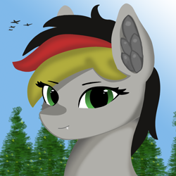 Size: 2000x2000 | Tagged: safe, artist:ignacio, derpibooru import, oc, oc only, oc:anja snow, pony, bust, ear fluff, ears, fangs, female, looking at you, mare, plane, portrait, solo, tree