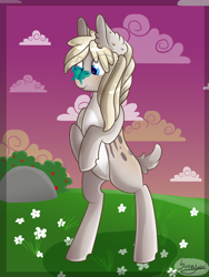 Size: 1500x2000 | Tagged: safe, artist:herusann, derpibooru import, oc, oc only, butterfly, earth pony, pony, cloud, ear fluff, ears, earth pony oc, eyelashes, outdoors, rearing, signature, solo