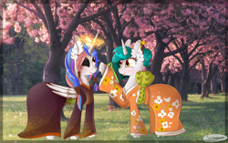 Size: 4623x2903 | Tagged: safe, artist:herusann, derpibooru import, oc, oc only, alicorn, pony, alicorn oc, clothes, ear fluff, ears, eyelashes, halo, heterochromia, horn, kimono (clothing), raised hoof, raised leg, smiling, tree, wings