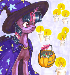 Size: 1280x1370 | Tagged: safe, artist:tigra0118, derpibooru import, twilight sparkle, alicorn, pony, candle, cape, clothes, costume, female, glowing, glowing horn, halloween, halloween costume, hat, holiday, horn, mage, magic, mare, marker drawing, pumpkin bucket, solo, telekinesis, traditional art, witch hat