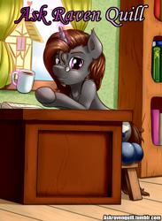 Size: 1500x2050 | Tagged: safe, artist:renatethepony, derpibooru import, oc, oc only, oc:raven quill, unicorn, ask, book, bookshelf, cup, glasses, glowing, glowing horn, horn, indoors, magic, male, solo, stallion, telekinesis, unicorn oc