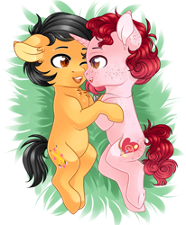 Size: 1600x1940 | Tagged: safe, artist:schokocream, derpibooru import, oc, oc:jess, earth pony, pony, unicorn, cuddling, earth pony oc, horn, hug, one eye closed, smiling, unicorn oc, wink