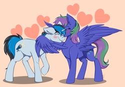 Size: 3408x2392 | Tagged: safe, artist:shamy-crist, derpibooru import, oc, oc only, oc:lishka, oc:solar gizmo, pegasus, pony, unicorn, blushing, commission, cute, diabetes, ear fluff, ears, eyebrows, eyelashes, feather in hair, female, floppy ears, heart, high res, horn, hug, kissing, male, mare, pegasus oc, simple background, smiling, stallion, tail, two toned mane, two toned tail, unicorn oc, winghug, wings