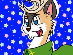 Size: 1024x768 | Tagged: safe, artist:tranzmuteproductions, derpibooru import, oc, oc only, oc:tyandaga, deer, reindeer, :d, antlers, clothes, cute, male, ocbetes, open mouth, open smile, smiling, solo, stars