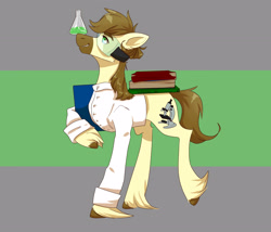 Size: 3500x3000 | Tagged: safe, artist:rover, artist:rrrover, derpibooru import, oc, oc only, oc:calpain, earth pony, pony, bipedal, book, chemistry, clothes, earth pony oc, erlenmeyer flask, flask, goggles, grin, high res, lab coat, male, smiling, solo, stallion