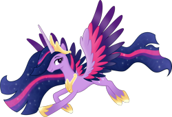 Size: 8000x5462 | Tagged: safe, artist:negatif22, derpibooru import, princess twilight 2.0, twilight sparkle, twilight sparkle (alicorn), alicorn, pony, the last problem, absurd resolution, colored wings, crown, cutie mark, ethereal mane, female, flying, future twilight, hoof shoes, jewelry, looking at you, mare, multicolored wings, older, older twilight, peytral, regalia, simple background, smiling, smiling at you, solo, spread wings, starry mane, transparent background, wings