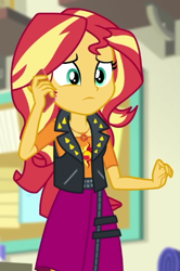 Size: 390x586 | Tagged: safe, derpibooru import, screencap, sunset shimmer, better together, equestria girls, holidays unwrapped, cropped, geode of empathy, magical geodes, o come all ye squashful, solo