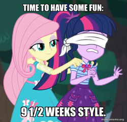 Size: 699x675 | Tagged: safe, derpibooru import, edit, edited screencap, screencap, fluttershy, sci-twi, twilight sparkle, better together, equestria girls, stressed in show, blindfold, caption, image macro, text