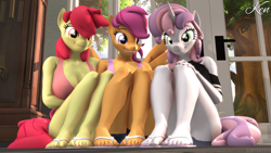 Size: 3840x2160 | Tagged: safe, artist:hunterz263, artist:kenaga, derpibooru import, apple bloom, scootaloo, sweetie belle, anthro, earth pony, pegasus, plantigrade anthro, unicorn, 3d, apple bloomed, breasts, cleavage, clothes, cutie mark crusaders, denim shorts, eyelashes, feet, female, flip-flops, grin, high res, looking at you, nail polish, nexgen, older, older apple bloom, older cmc, older scootaloo, older sweetie belle, sandals, shorts, shoulderless, shoulderless shirt, sitting, smiling, smiling at you, source filmmaker, spread wings, tanktop, toenail polish, toes, trio, trio female, wings