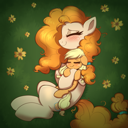 Size: 4000x4000 | Tagged: safe, artist:confetticakez, derpibooru import, applejack, pear butter, earth pony, pony, absurd resolution, blushing, cute, duo, duo female, eyes closed, female, filly, filly applejack, flower, foal, freckles, grass, hug, jackabetes, lying down, mare, mother and child, mother and daughter, on side, parent and child, pearabetes, smiling, younger