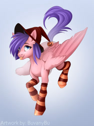 Size: 800x1067 | Tagged: safe, artist:buvanybu, derpibooru import, oc, oc only, pegasus, pony, clothes, female, gradient background, looking at you, mare, smiling, smiling at you, socks, solo, stockings, striped socks, thigh highs, tongue, tongue out, witch hat
