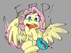 Size: 1280x951 | Tagged: safe, artist:chub-wub, derpibooru import, fluttershy, pegasus, pony, bowl, candy, crying, ears, eep, female, floppy ears, food, gray background, halloween, holiday, mare, missing cutie mark, open mouth, scared, screaming, simple background, solo
