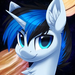 Size: 800x800 | Tagged: safe, artist:scarlet-spectrum, derpibooru import, oc, oc only, oc:solar gizmo, pony, unicorn, blue eyes, bust, chest fluff, commission, ear fluff, ears, eyebrows, eyebrows visible through hair, headshot commission, horn, looking at you, male, planet, portrait, smiling, smiling at you, solo, stallion, two toned mane, unicorn oc