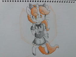 Size: 2064x1548 | Tagged: safe, artist:cherro, derpibooru import, oc, oc only, oc:kitty kit, semi-anthro, unicorn, clothes, maid, smiling, solo, traditional art