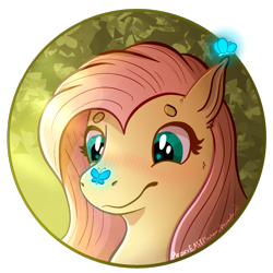 Size: 1931x1931 | Tagged: safe, artist:proxyemt, derpibooru import, fluttershy, butterfly, pegasus, pony, beanbrows, blushing, bust, butterfly on nose, cute, eyebrows, insect on nose, shyabetes, simple background, solo, transparent background