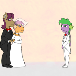 Size: 2048x2048 | Tagged: safe, artist:mintymelody, derpibooru import, scootaloo, snap shutter, spike, anthro, dragon, clothes, dragonified, dress, female, male, marriage, scootadragon, scootaspike, shipping, species swap, straight, wedding, wedding dress