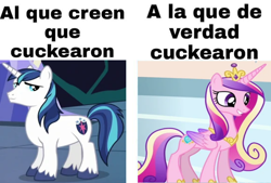 Size: 720x487 | Tagged: safe, derpibooru import, princess cadance, shining armor, implied infidelity, meme, princess cuckdance, spanish, translated in the comments