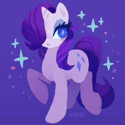 Size: 540x540 | Tagged: safe, artist:salison, derpibooru import, rarity, pony, unicorn, artist signature, female, hair over one eye, mare, raised leg, simple background, solo, stars