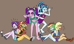 Size: 2500x1479 | Tagged: safe, artist:bugssonicx, derpibooru import, applejack, aria blaze, rainbow dash, sonata dusk, starlight glimmer, sunset shimmer, equestria girls, barefoot, bondage, bound and gagged, bound together, clothes, emanata, eyes closed, feet, gag, geode of empathy, geode of super speed, geode of super strength, magical geodes, rope, rope bondage, smiling, smirk, sports bra, sports panties, stuffed gag, swimsuit, tied up, tongue, tongue out, victorious villain