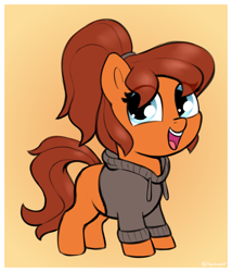 Size: 1314x1536 | Tagged: safe, artist:heretichesh, derpibooru import, oc, oc only, oc:maven, earth pony, pony, clothes, cute, female, filly, foal, happy, hoodie, smiling, solo