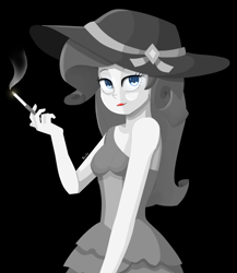 Size: 1692x1950 | Tagged: safe, artist:biocrine, derpibooru import, rarity, equestria girls, black and white, black background, cigarette, fall formal outfits, grayscale, looking at you, monochrome, neo noir, partial color, simple background