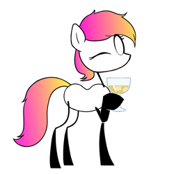 Size: 1000x1000 | Tagged: safe, artist:alexi148, edit, editor:officer hotpants, oc, oc:stickmare, earth pony, pony, badge, female, glass, looking at you, mare, one eye closed, pointing, simple background, site badge, solo, stickmare, toasting, white background, wink