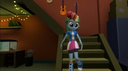 Size: 1024x575 | Tagged: safe, artist:undeadponysoldier, rainbow dash, equestria girls, 3d, basketball hoop, basketball net, cute, gmod, guitar, happy, musical instrument, smiling, solo, stairs, sunset's apartment, trash can, walking
