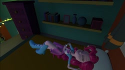 Size: 1024x575 | Tagged: safe, artist:undeadponysoldier, pinkie pie, equestria girls, 3d, bed, blanket, female, gmod, lying down, pillow, shelf, sleeping, solo, sunset's apartment, wardrobe
