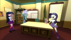 Size: 1024x575 | Tagged: safe, artist:undeadponysoldier, rarity, spike, sunset shimmer, trixie, twilight sparkle, dog, equestria girls, 3d, blinds, chart, desk, female, group, happy, male, office, smiling, spike the dog, window