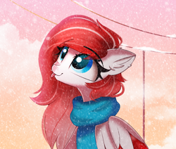 Size: 2060x1748 | Tagged: safe, artist:janelearts, derpibooru import, oc, oc:making amends, pegasus, pony, :p, clothes, colored wings, colored wingtips, commission, cute, ear fluff, ears, female, looking up, mare, ocbetes, power line, scarf, sitting, smiling, snow, snowfall, tongue, tongue out, wings, ych result