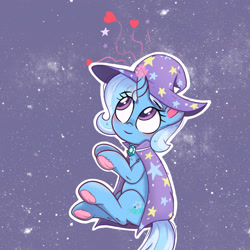 Size: 1244x1244 | Tagged: safe, artist:kqaii, derpibooru import, trixie, pony, unicorn, abstract background, cape, clothes, female, floating heart, frog (hoof), glowing, glowing horn, hat, heart, horn, mare, outline, solo, trixie's cape, trixie's hat, underhoof, white outline