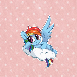 Size: 1620x1620 | Tagged: safe, artist:kqaii, derpibooru import, rainbow dash, pegasus, pony, chibi, cloud, cute, dashabetes, lying down, lying on a cloud, on a cloud, one wing out, outline, polka dot background, solo, supporting head, white outline, wings
