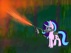 Size: 1000x750 | Tagged: safe, artist:slamjam, derpibooru import, starlight glimmer, pony, unicorn, agent orange, flamethrower, gas mask, jungle, mask, weapon