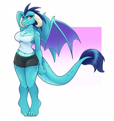 Size: 2625x2775 | Tagged: safe, artist:ambris, derpibooru import, princess ember, anthro, digitigrade anthro, dragon, abstract background, amber eyes, arm behind head, barefoot, belly button, big breasts, booty shorts, breasts, claws, cleavage, clothes, curvy, dragoness, dreamworks face, eyebrows, eyelashes, feet, female, grin, horns, legs, legs together, lizard breasts, looking at you, midriff, off shoulder, pigeon toed, princess embreast, sexy, sharp teeth, short shirt, shorts, sideboob, simple background, smiling, smiling at you, solo, spread wings, stupid sexy princess ember, tanktop, teeth, thighs, white background, wide hips, wings