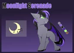 Size: 1280x922 | Tagged: safe, artist:snowstormbat, derpibooru import, oc, oc:moonlight serenade, bat pony, cute, cutie mark, heterochromia, purple background, reference sheet, simple background, smiling