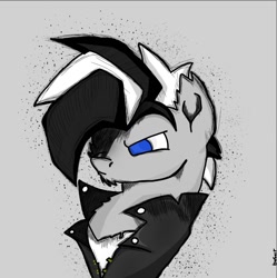 Size: 967x969 | Tagged: safe, derpibooru import, oc, oc:cendre, earth pony, angry, beard, black and white, blue eyes, clothes, earth pony oc, gray fur, grayscale, jacket, leather jacket, monochrome, punk