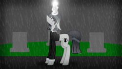 Size: 2686x1511 | Tagged: safe, artist:darbypop1, derpibooru import, oc, oc:friday the 13th, pony, unicorn, female, magic, mare, rain, solo