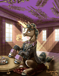 Size: 1024x1326 | Tagged: safe, artist:amalgamzaku, derpibooru import, fancypants, pony, cup, magic, solo, teacup