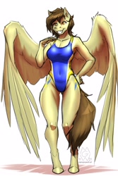 Size: 2000x3000 | Tagged: safe, artist:mykegreywolf, derpibooru import, oc, oc only, oc:static spark, anthro, pegasus, unguligrade anthro, anthro oc, belly button, breasts, clothes, cutie mark, female, mare, one-piece swimsuit, simple background, smiling, solo, swimsuit, wings