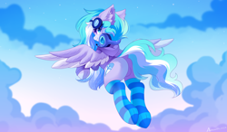 Size: 7216x4213 | Tagged: safe, alternate version, artist:airiniblock, derpibooru import, oc, oc only, oc:skydrive, pegasus, butt, clothes, ear fluff, ears, featureless crotch, headphones, hoodie, pegasus oc, plot, rcf community, sky, socks, solo, striped socks