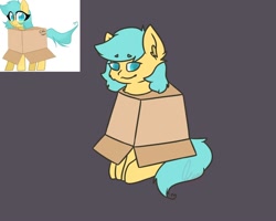 Size: 1000x800 | Tagged: safe, artist:mlemmlem0w0, artist:softpound, derpibooru import, oc, oc only, oc:boxfilly, pegasus, pony, box, cardboard box, ear fluff, ears, female, filly, foal, pegasus oc, pony in a box, simple background, sitting, smug