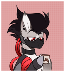 Size: 772x854 | Tagged: safe, artist:krypticquartz, derpibooru import, oc, oc:sparrow, cyborg, pony, coffee, male, mask, solo, stallion