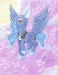 Size: 2535x3242 | Tagged: safe, artist:nightshadow154, derpibooru import, princess luna, pony, flying, glowing, glowing horn, horn, solo, traditional art