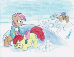 Size: 3287x2546 | Tagged: safe, artist:nightshadow154, derpibooru import, apple bloom, babs seed, scootaloo, sweetie belle, earth pony, pegasus, pony, unicorn, clothes, glowing, glowing horn, hat, horn, magic, scarf, snow, snowball, snowball fight, telekinesis, traditional art, winter