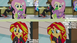 Size: 1280x720 | Tagged: safe, derpibooru import, edit, edited screencap, editor:quoterific, screencap, fluttershy, spike, sunset shimmer, dog, equestria girls, rainbow rocks, clothes, cutie mark, cutie mark on clothes, eyes closed, female, hairpin, jacket, leather, leather jacket, male, open mouth, open smile, smiling, spike the dog