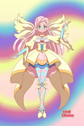 Size: 1600x2400 | Tagged: safe, artist:saphari, derpibooru import, fluttershy, human, abstract background, base used, clothes, dress, evening gloves, female, fingerless elbow gloves, fingerless gloves, gloves, humanized, long gloves, magical girl, smiling, solo, winged humanization, wings