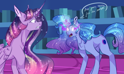 Size: 3000x1800 | Tagged: safe, artist:just-silvushka, derpibooru import, twilight sparkle, twilight sparkle (alicorn), alicorn, pony, unicorn, corrupted, duo, ethereal mane, eyelashes, female, glowing, glowing eyes, glowing horn, horn, mare, sombra eyes, starry mane, talking, worried