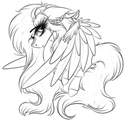 Size: 2601x2506 | Tagged: safe, artist:beamybutt, derpibooru import, oc, oc only, pegasus, pony, chest fluff, ear fluff, ears, eyelashes, female, lineart, mare, monochrome, pegasus oc, solo, wings