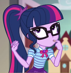 Size: 424x433 | Tagged: safe, derpibooru import, screencap, sci-twi, twilight sparkle, better together, equestria girls, holidays unwrapped, cropped, solo, the cider louse fools